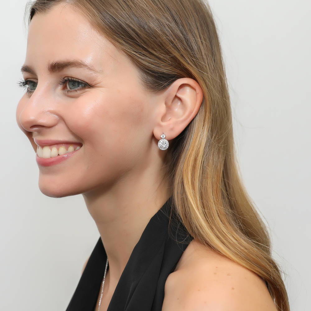 Halo Milgrain Round CZ Dangle Earrings in Sterling Silver