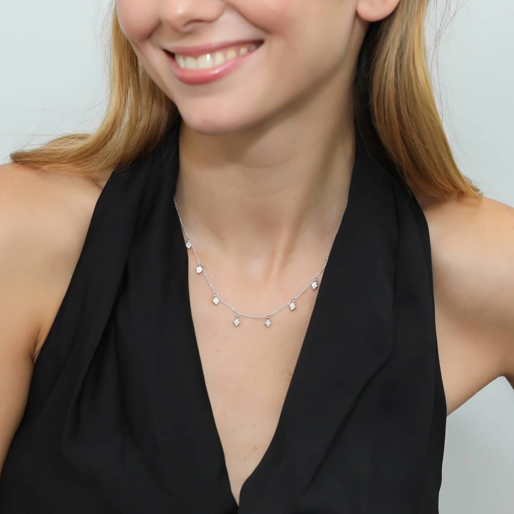 Rhombus CZ Station Necklace in Sterling Silver