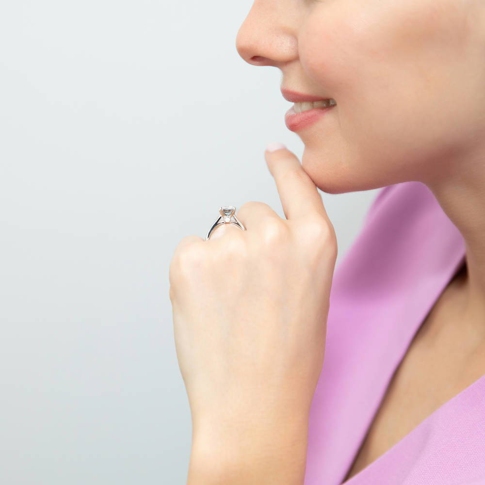 Model wearing Solitaire 1.2ct Princess CZ Ring in Sterling Silver, 5 of 8