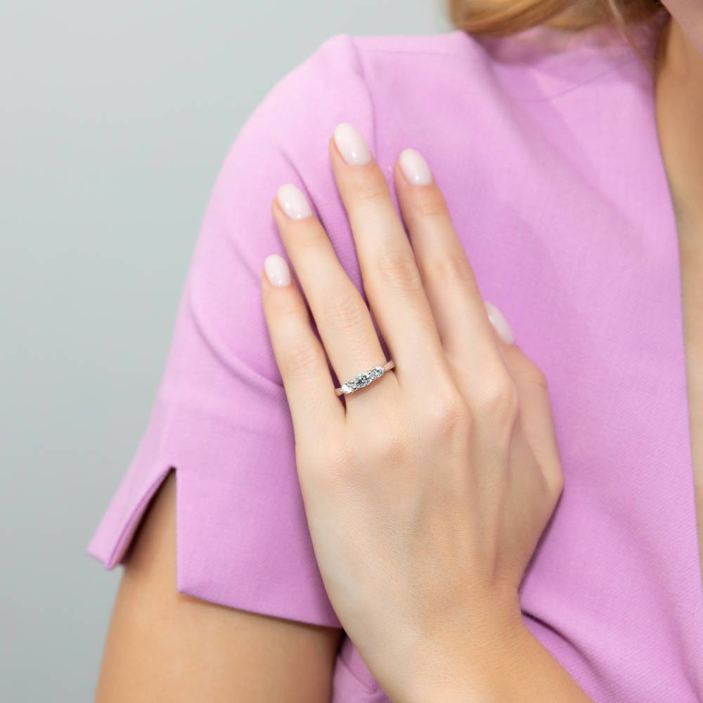 Model wearing 3-Stone East-West Marquise CZ Ring in Sterling Silver, 2 of 8