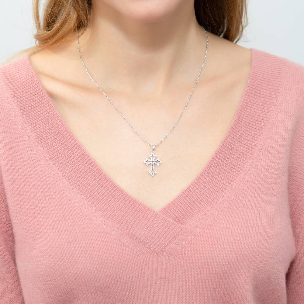 Model wearing Cross CZ Pendant Necklace in Sterling Silver