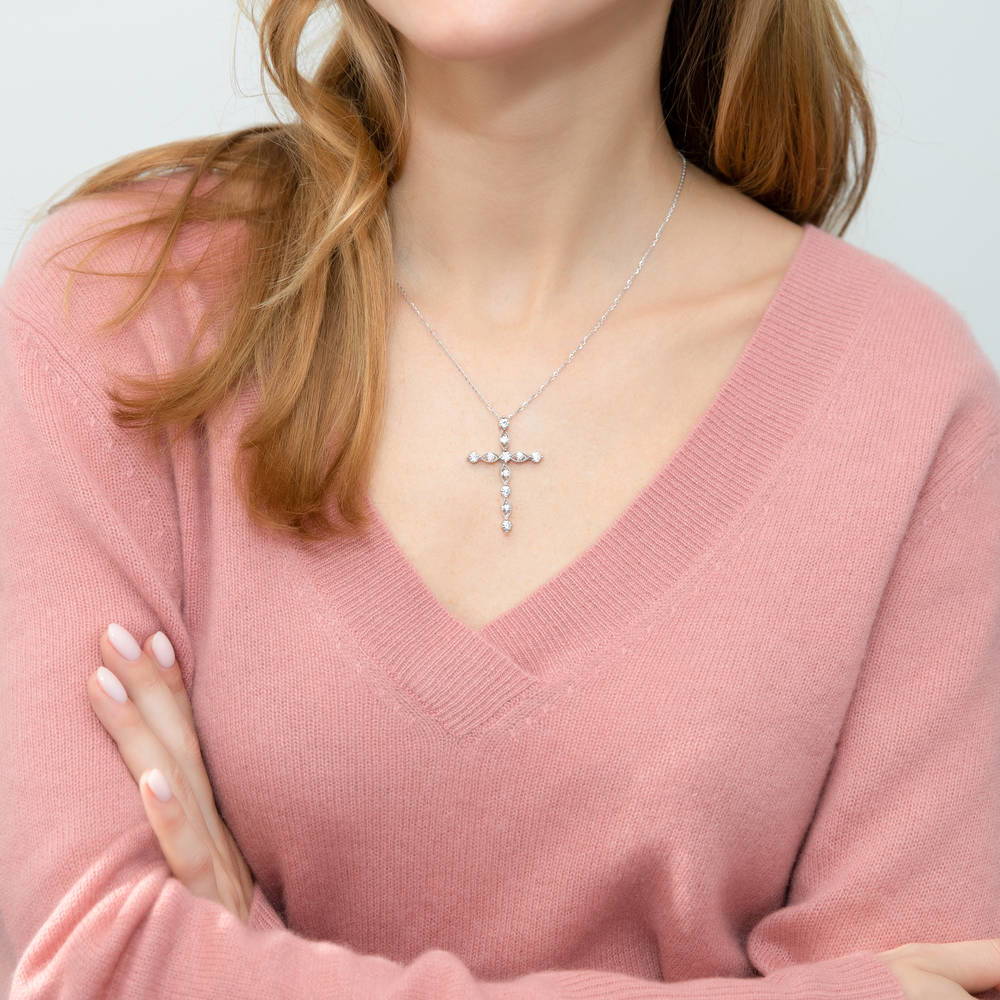 Cross Milgrain CZ Pendant Necklace in Sterling Silver