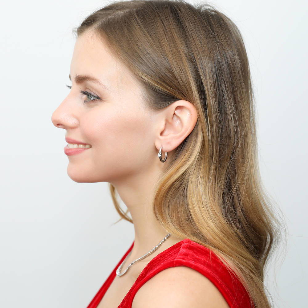 Solitaire Round CZ Hoop Earrings in Sterling Silver 0.34ct 0.71"
