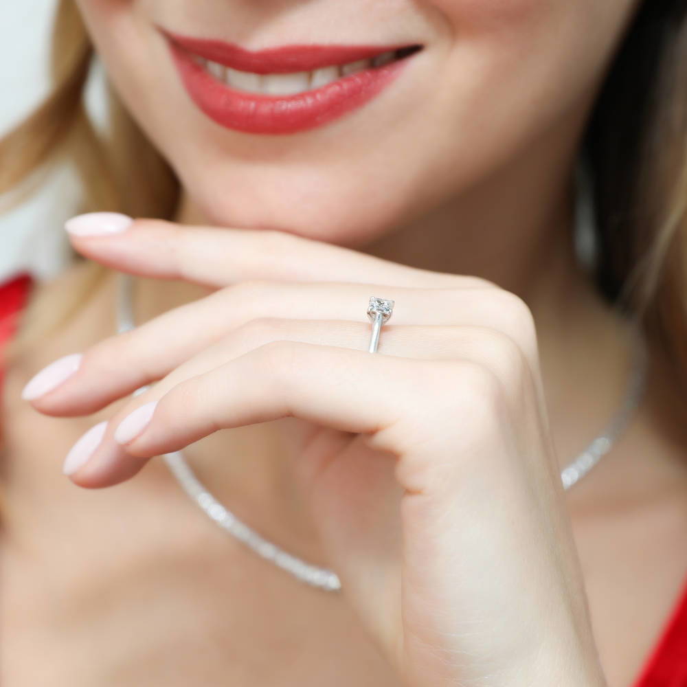 Model wearing Solitaire 0.4ct Princess CZ Ring Set in Sterling Silver, 10 of 14
