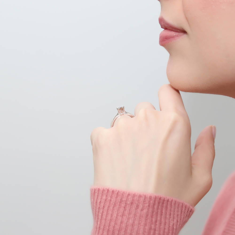 Model wearing Solitaire 0.45ct Round CZ Ring in Sterling Silver