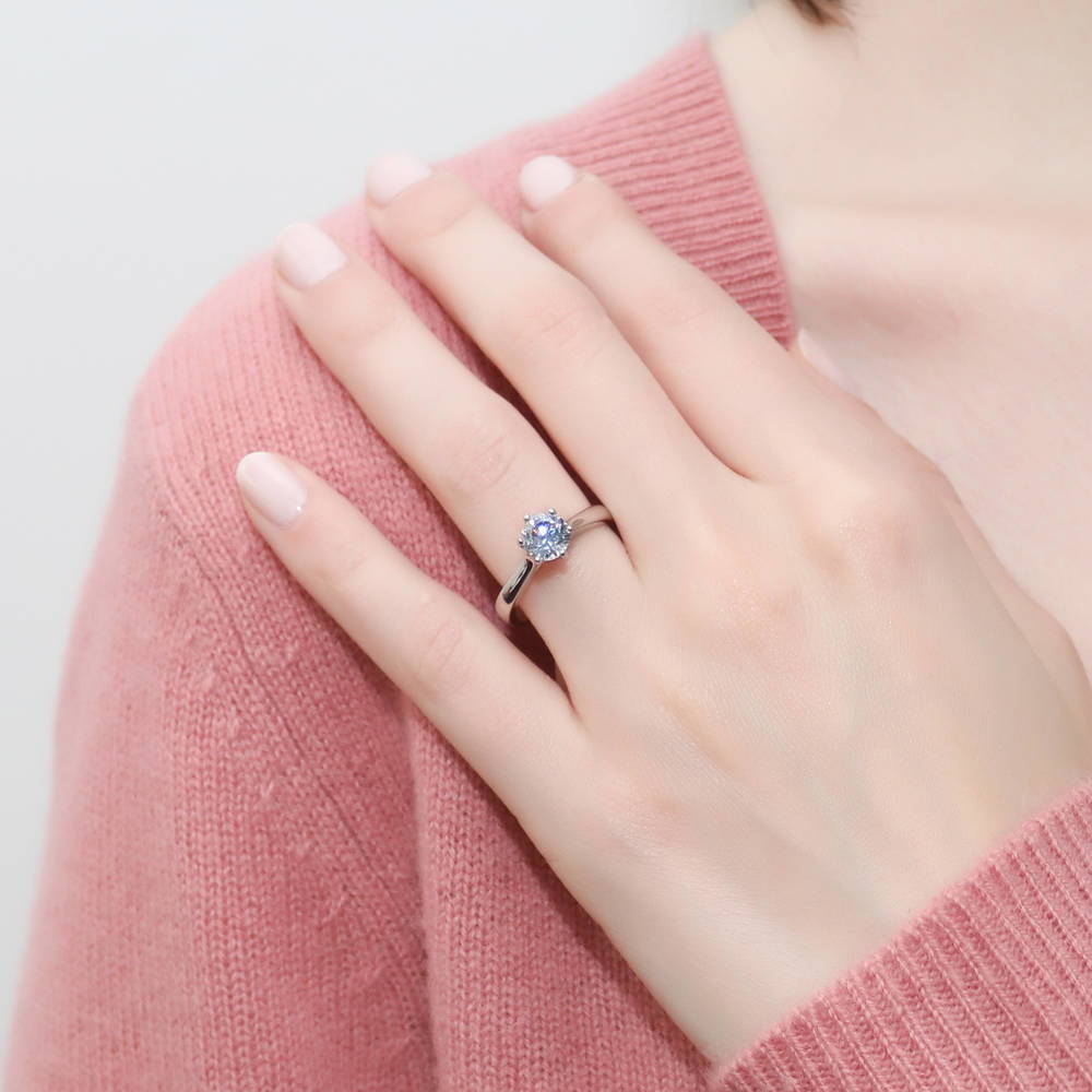 Model wearing Solitaire 1ct Round CZ Ring in Sterling Silver