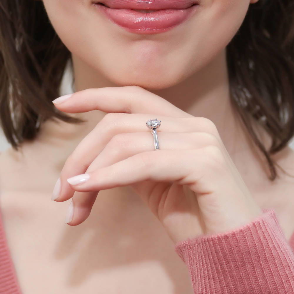 Model wearing Solitaire 1ct Round CZ Ring Set in Sterling Silver, 6 of 14