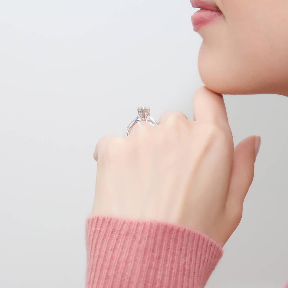 Model wearing Solitaire 1ct Round CZ Ring Set in Sterling Silver, 8 of 11