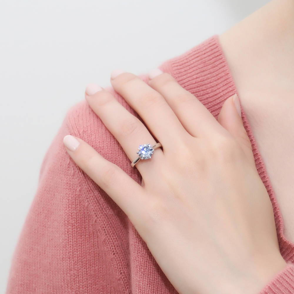 Model wearing Solitaire 2ct Round CZ Ring in Sterling Silver