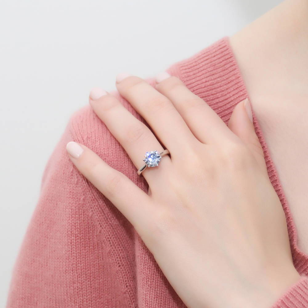 Model wearing Solitaire 2ct Round CZ Ring Set in Sterling Silver, 7 of 18