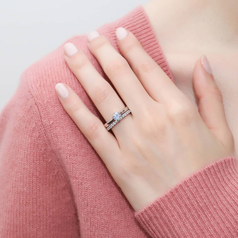 Model wearing Solitaire 0.45ct Round CZ Ring Set in Sterling Silver