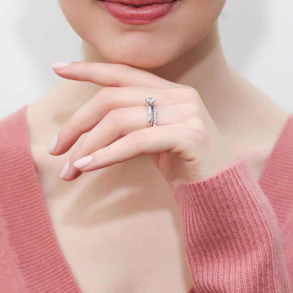 Model wearing Solitaire 0.45ct Round CZ Ring Set in Sterling Silver