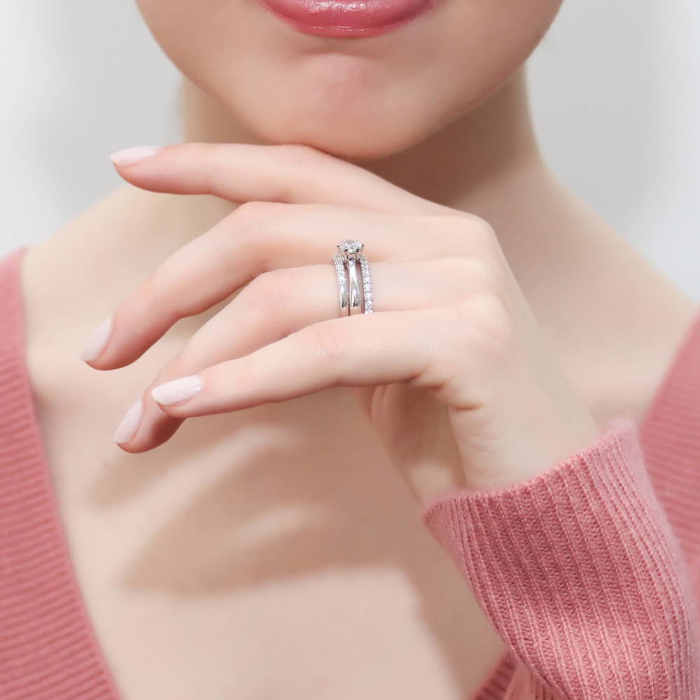 Model wearing Solitaire 0.45ct Round CZ Ring Set in Sterling Silver, 5 of 16