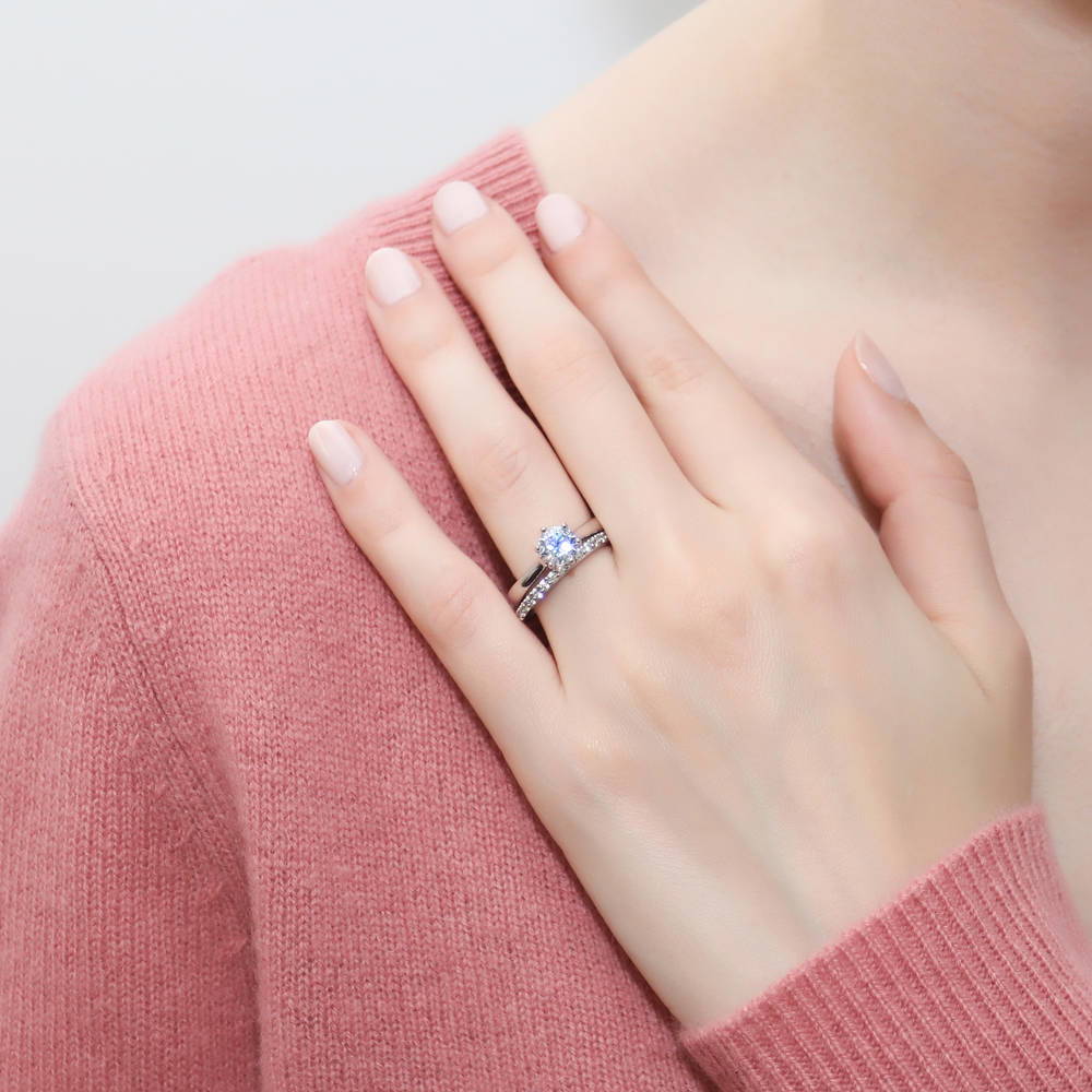 Model wearing Solitaire 1ct Round CZ Ring Set in Sterling Silver, 2 of 12