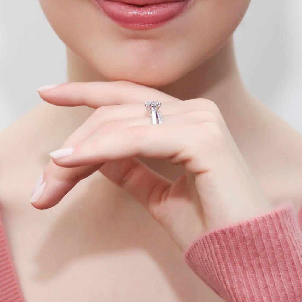 Model wearing Solitaire 1ct Round CZ Ring Set in Sterling Silver, 6 of 12