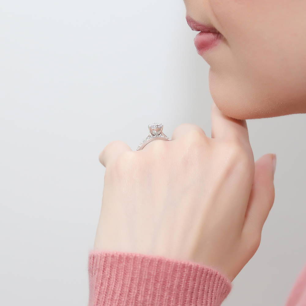 Model wearing Solitaire 1ct Round CZ Ring Set in Sterling Silver, 5 of 12