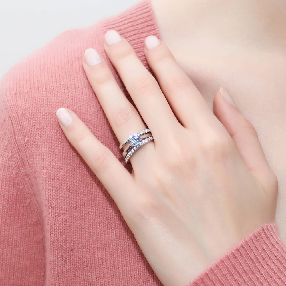 Model wearing Solitaire 1ct Round CZ Ring Set in Sterling Silver, 2 of 11