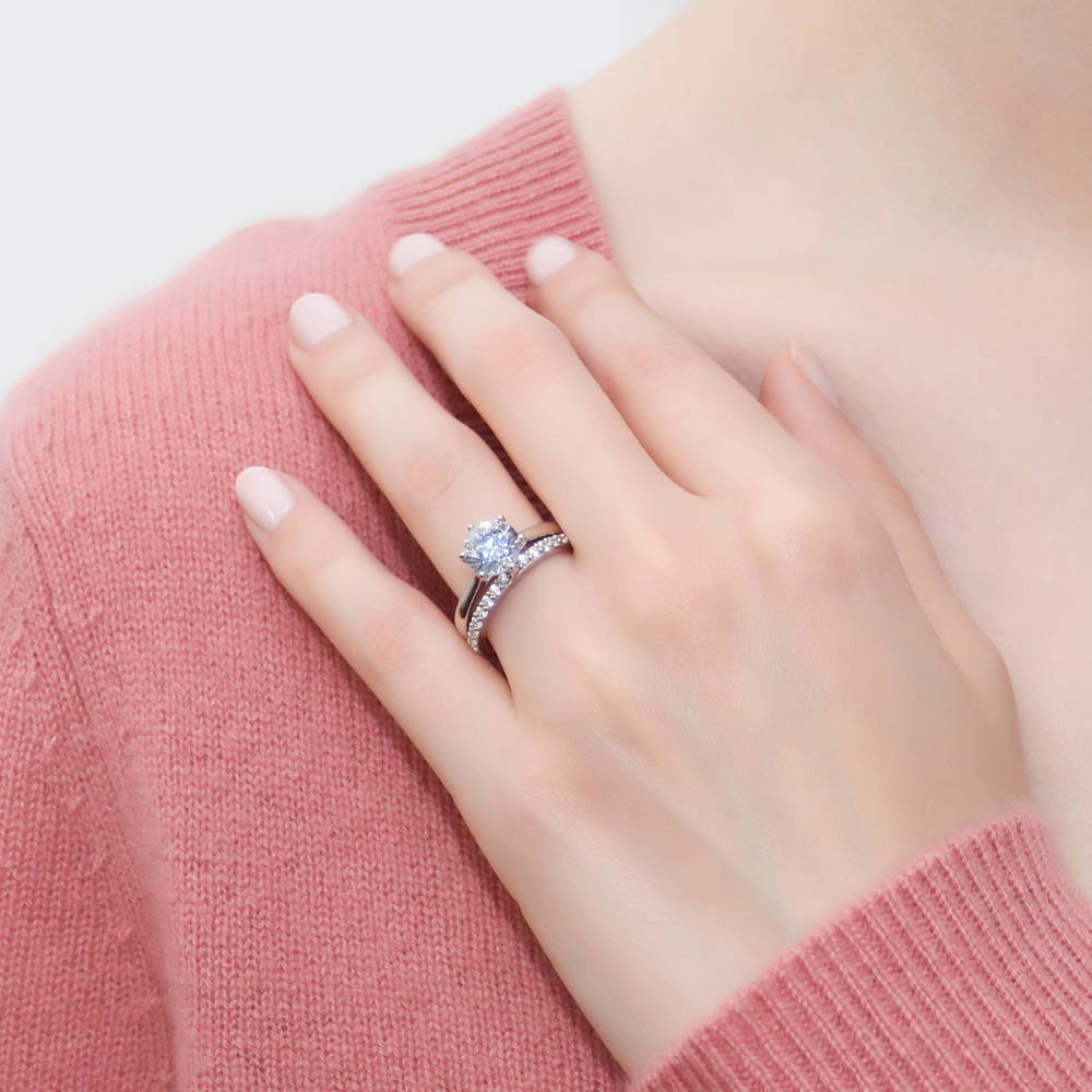 Model wearing Solitaire 2ct Round CZ Ring Set in Sterling Silver