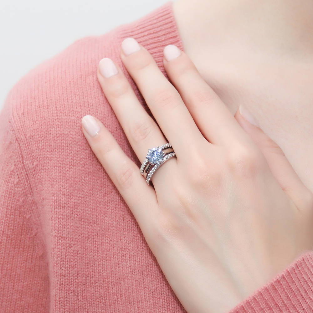 Model wearing Solitaire 2ct Round CZ Ring Set in Sterling Silver, 2 of 18