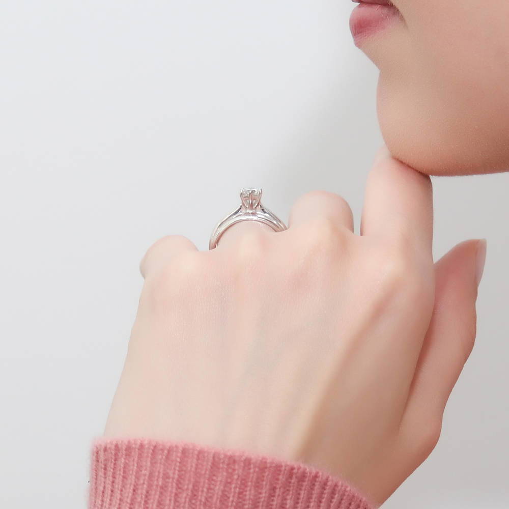 Model wearing Solitaire 0.45ct Round CZ Ring Set in Sterling Silver, 3 of 17