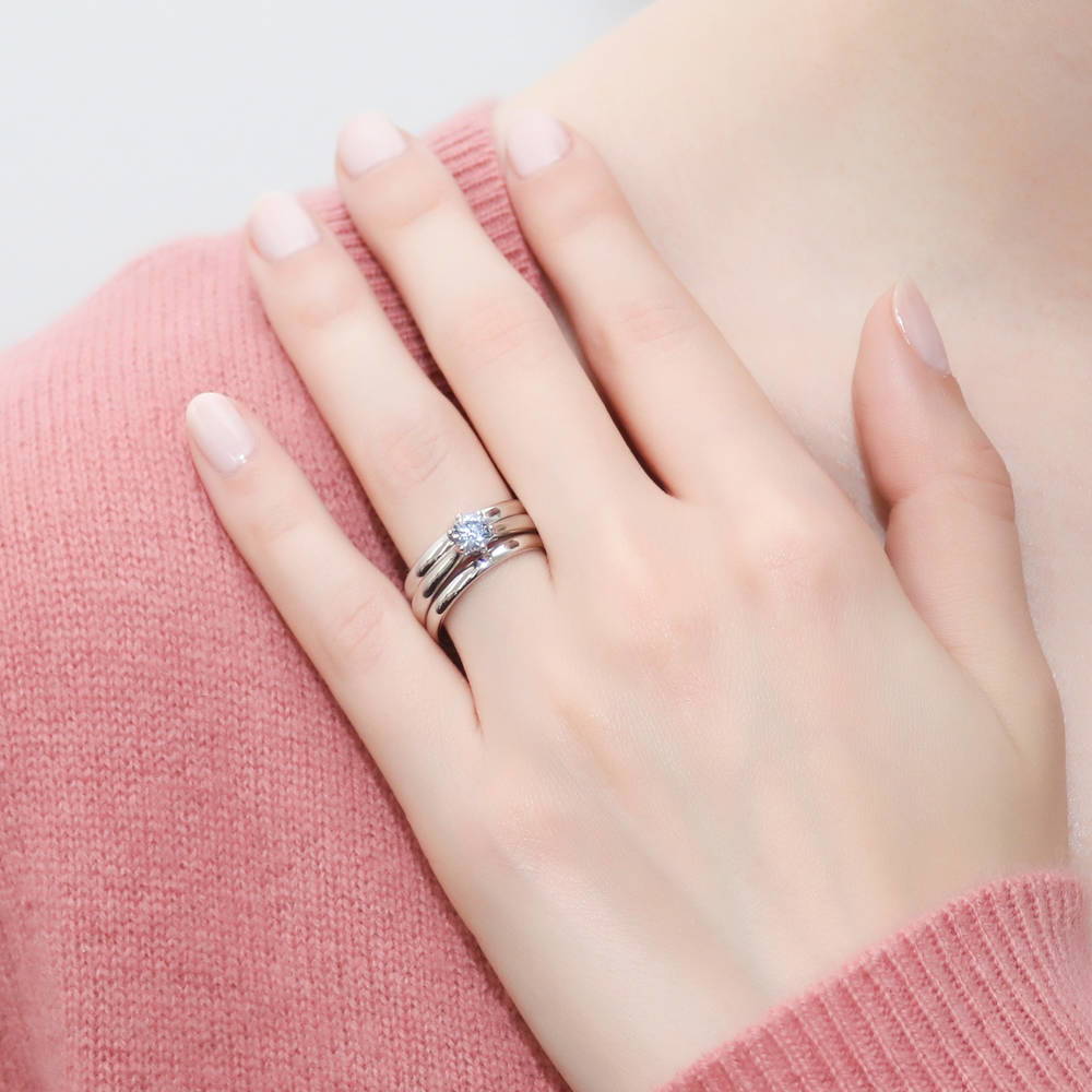 Model wearing Solitaire 0.45ct Round CZ Ring Set in Sterling Silver, 2 of 16