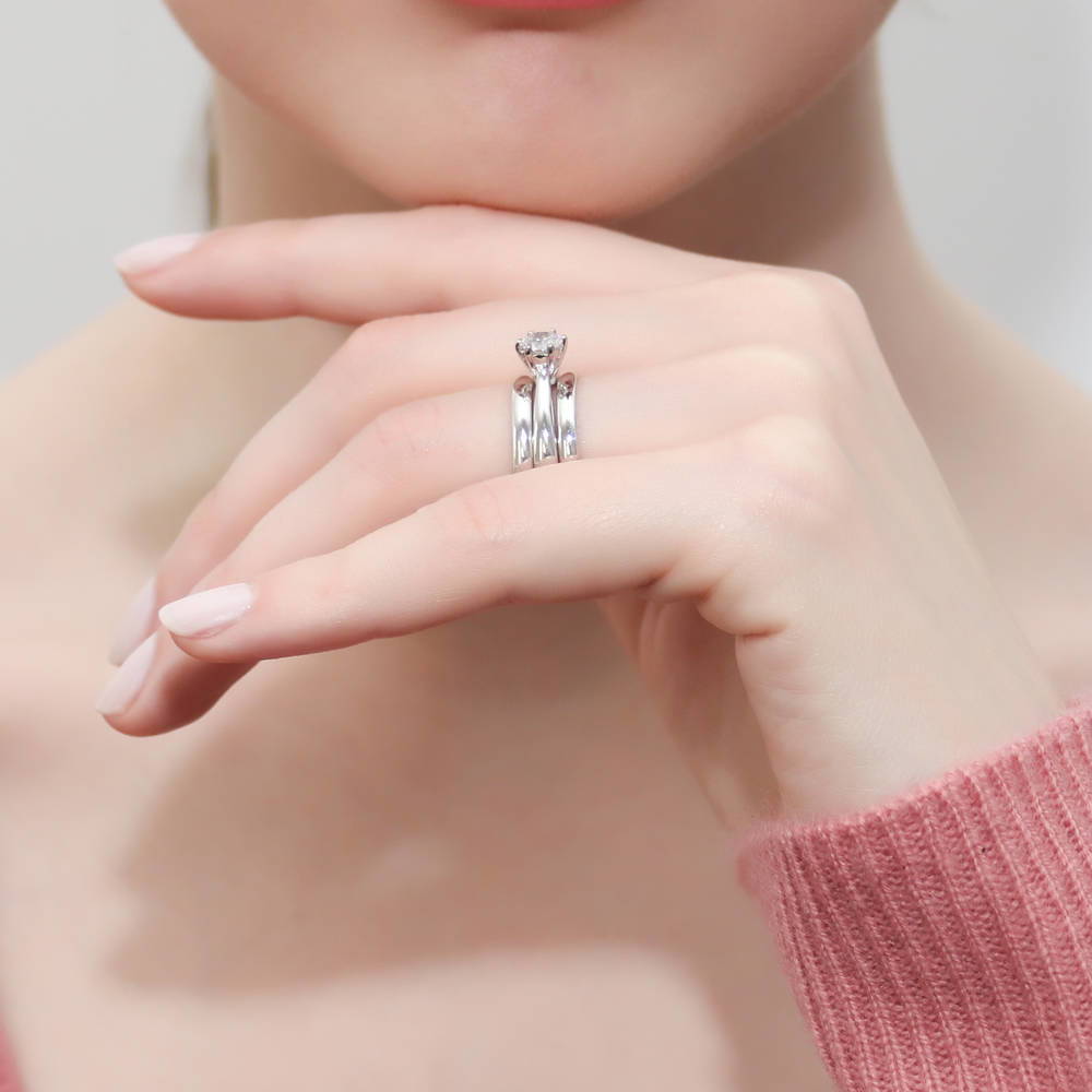 Model wearing Solitaire 0.45ct Round CZ Ring Set in Sterling Silver, 3 of 16