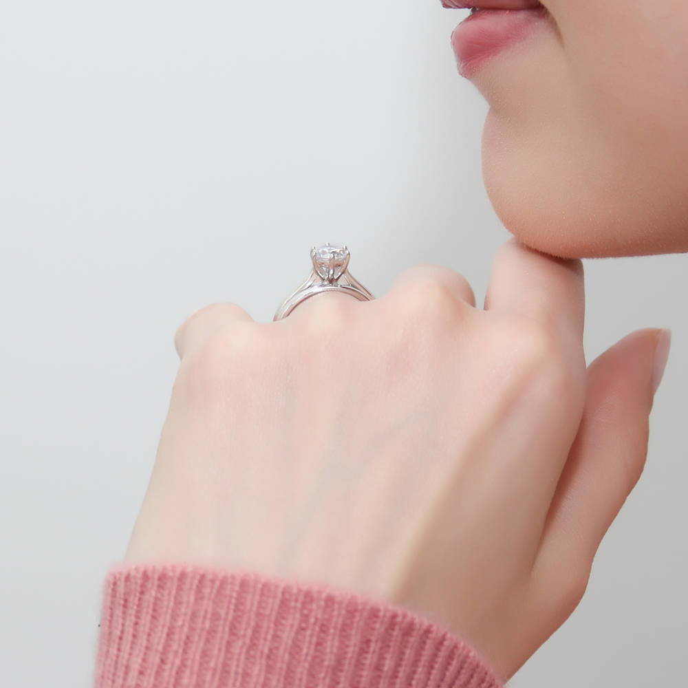 Model wearing Solitaire 1ct Round CZ Ring Set in Sterling Silver, 3 of 11
