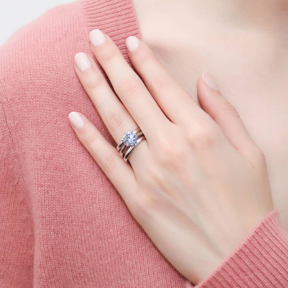 Model wearing Solitaire 2ct Round CZ Ring Set in Sterling Silver, 2 of 18