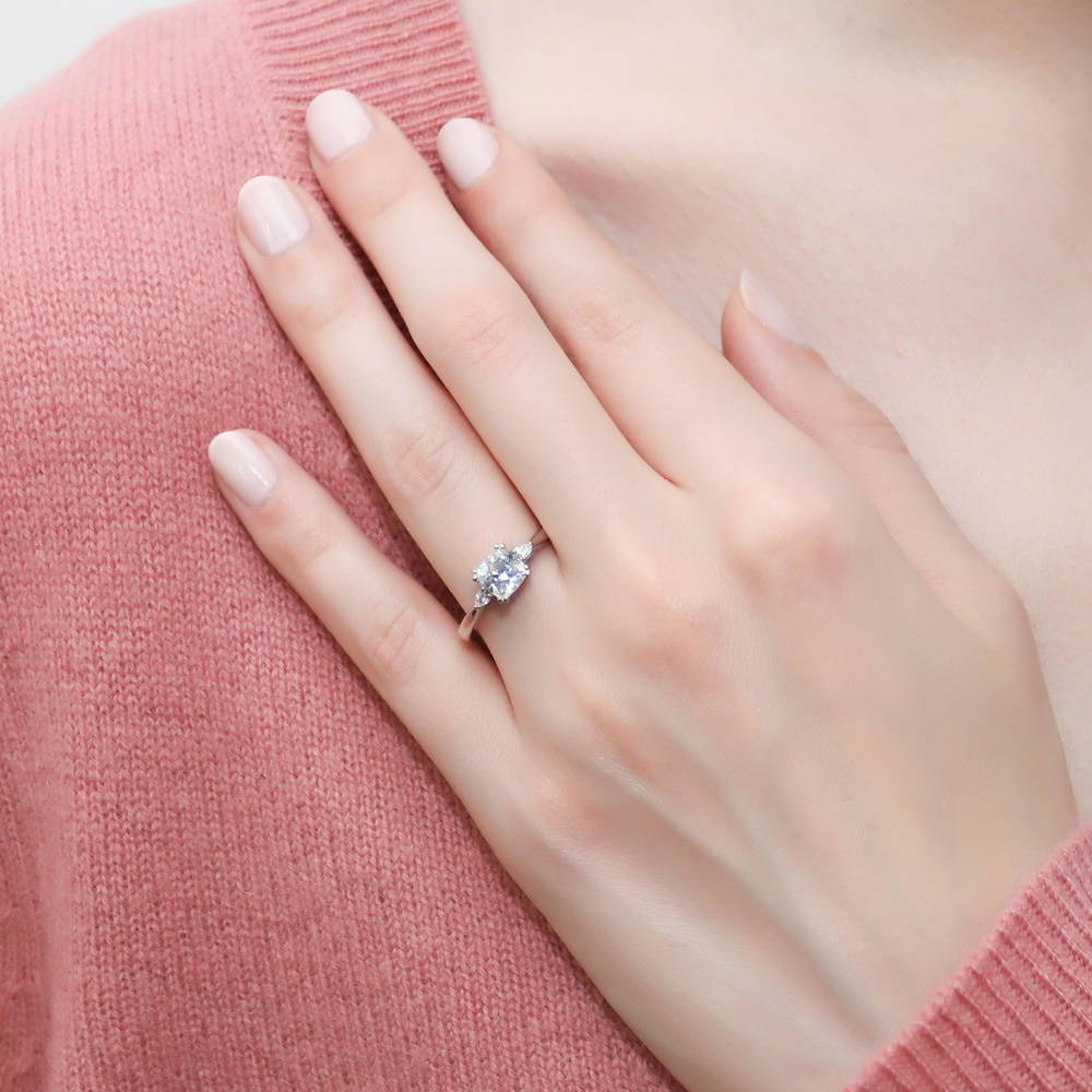 Model wearing 3-Stone Cushion CZ Ring in Sterling Silver, 3 of 11