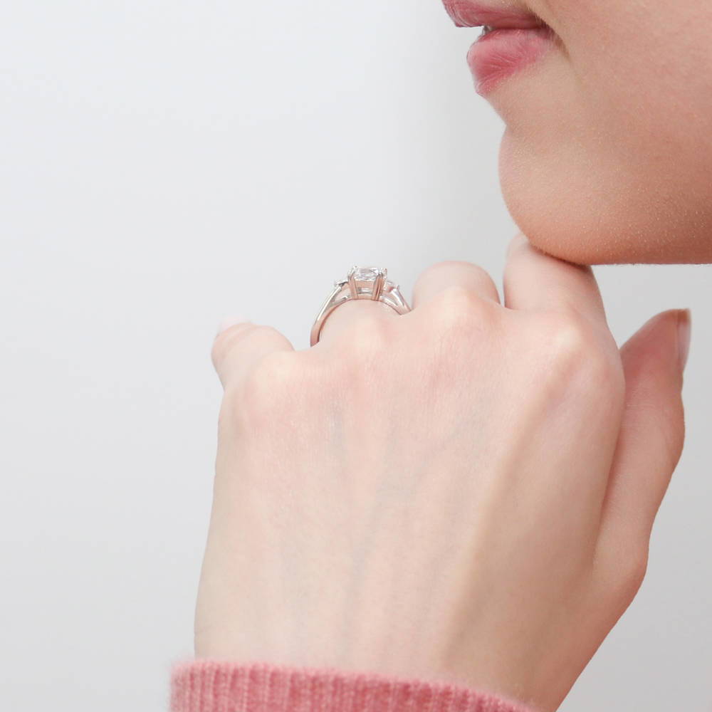 Model wearing 3-Stone Cushion CZ Ring in Sterling Silver, 9 of 11