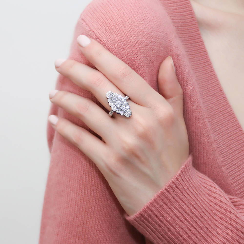 Model wearing Bubble Navette CZ Statement Ring in Sterling Silver