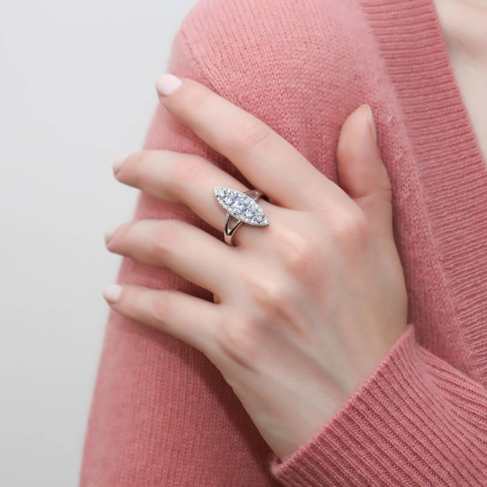 Model wearing 5-Stone Navette CZ Statement Split Shank Ring in Sterling Silver