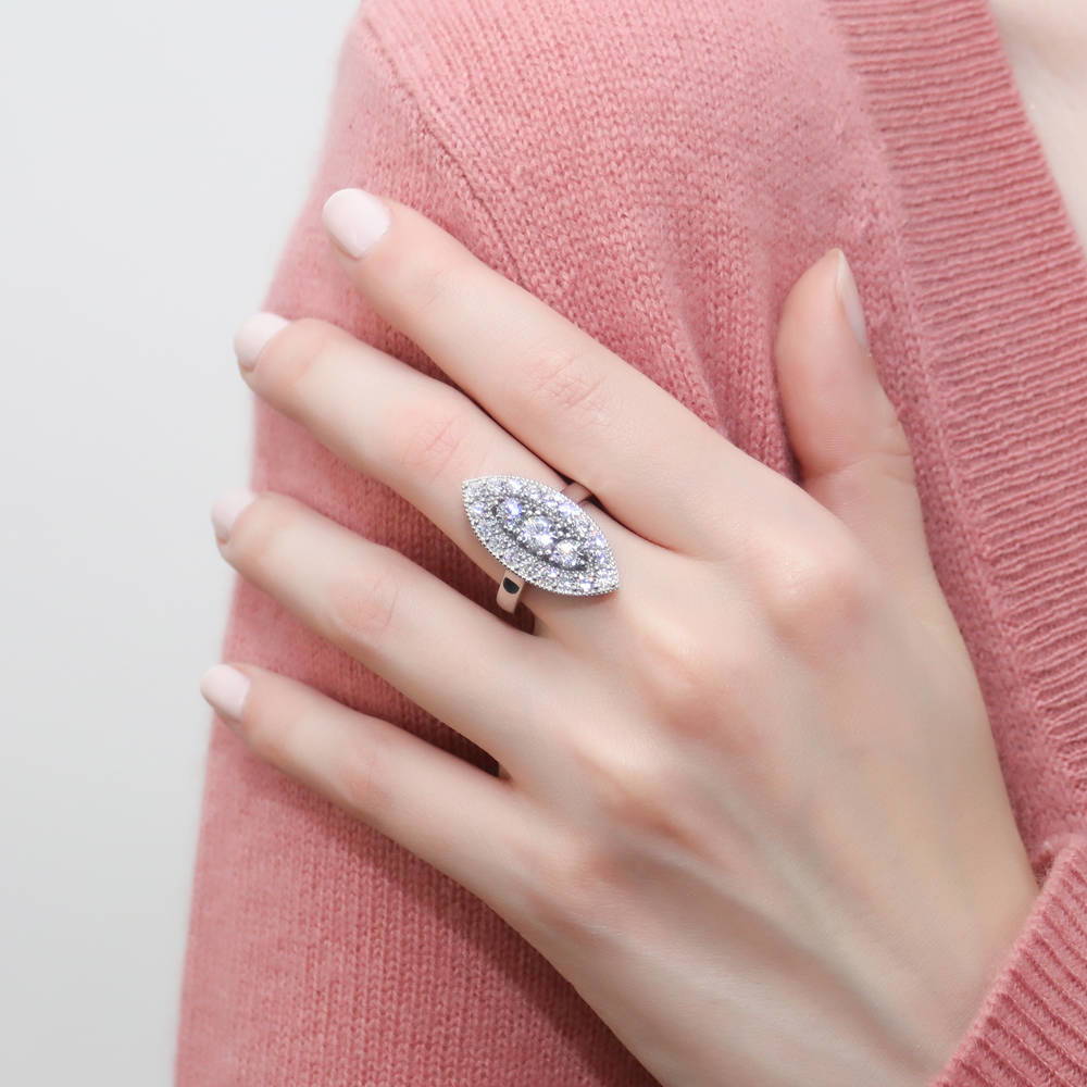 Model wearing 3-Stone Navette Round CZ Statement Ring in Sterling Silver