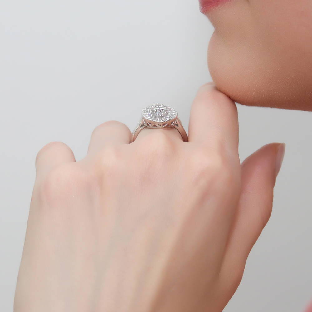 Model wearing 3-Stone Navette Round CZ Statement Ring in Sterling Silver