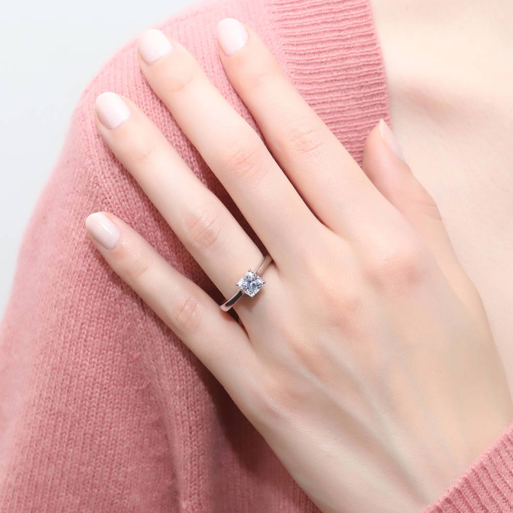 Model wearing Solitaire 1.25ct Cushion CZ Ring in Sterling Silver, 2 of 8
