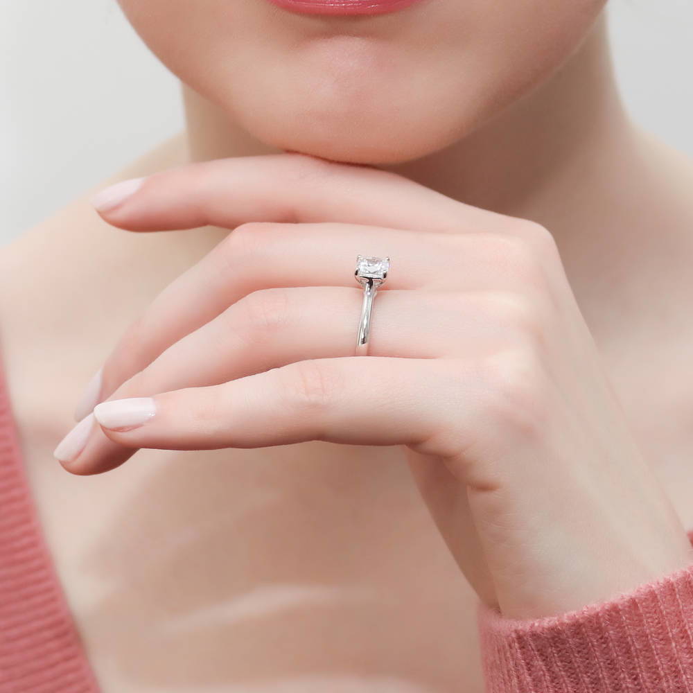 Model wearing Solitaire 1.25ct Cushion CZ Ring in Sterling Silver, 6 of 8