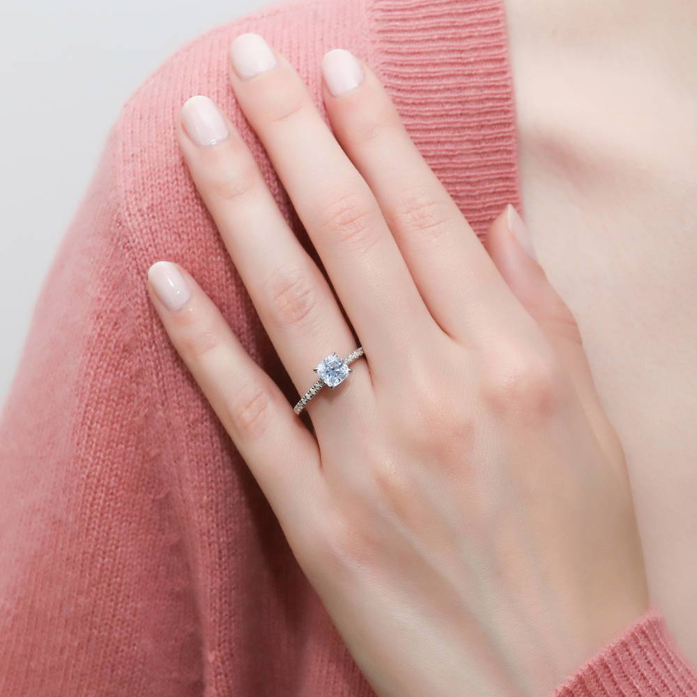 Model wearing Solitaire 1.25ct Cushion CZ Ring in Sterling Silver, 2 of 8