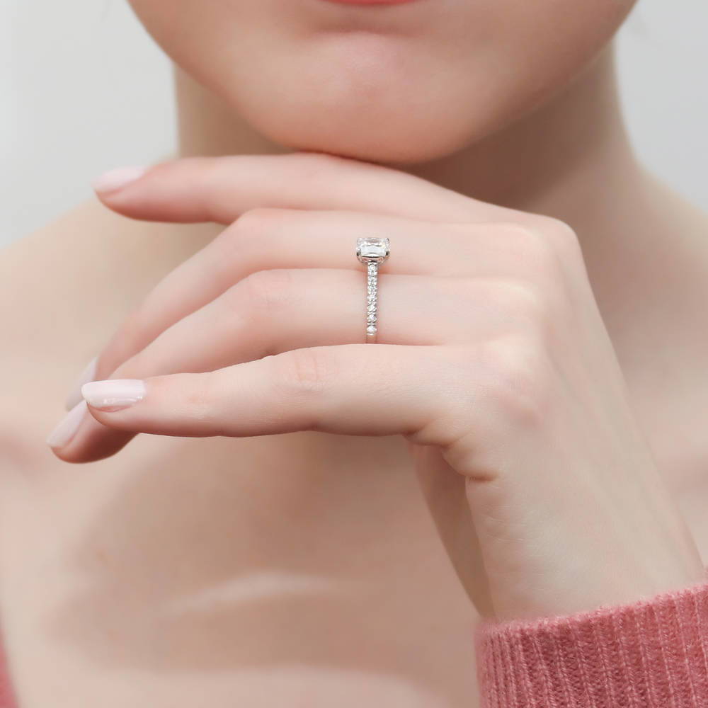 Model wearing Solitaire 1.25ct Cushion CZ Ring in Sterling Silver, 6 of 8