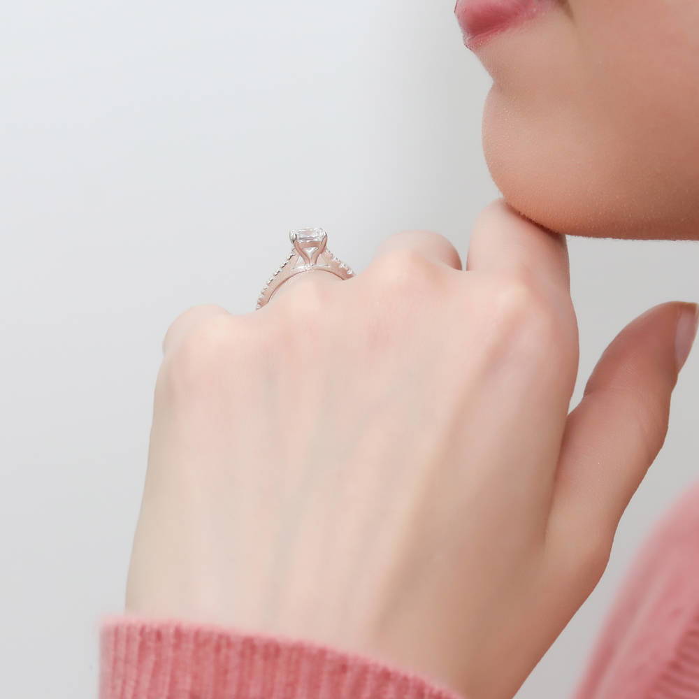 Model wearing Solitaire 1.25ct Cushion CZ Ring in Sterling Silver