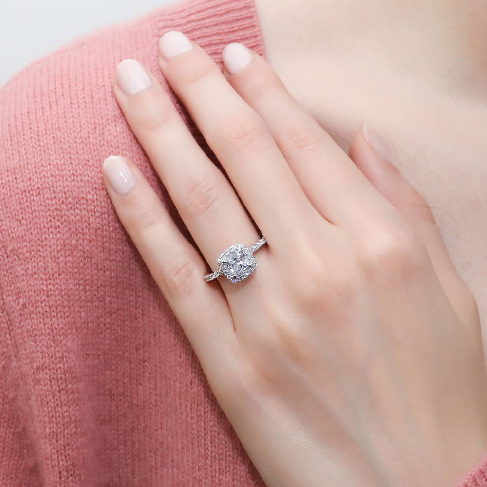 Model wearing Halo Cushion CZ Ring in Sterling Silver, 3 of 11