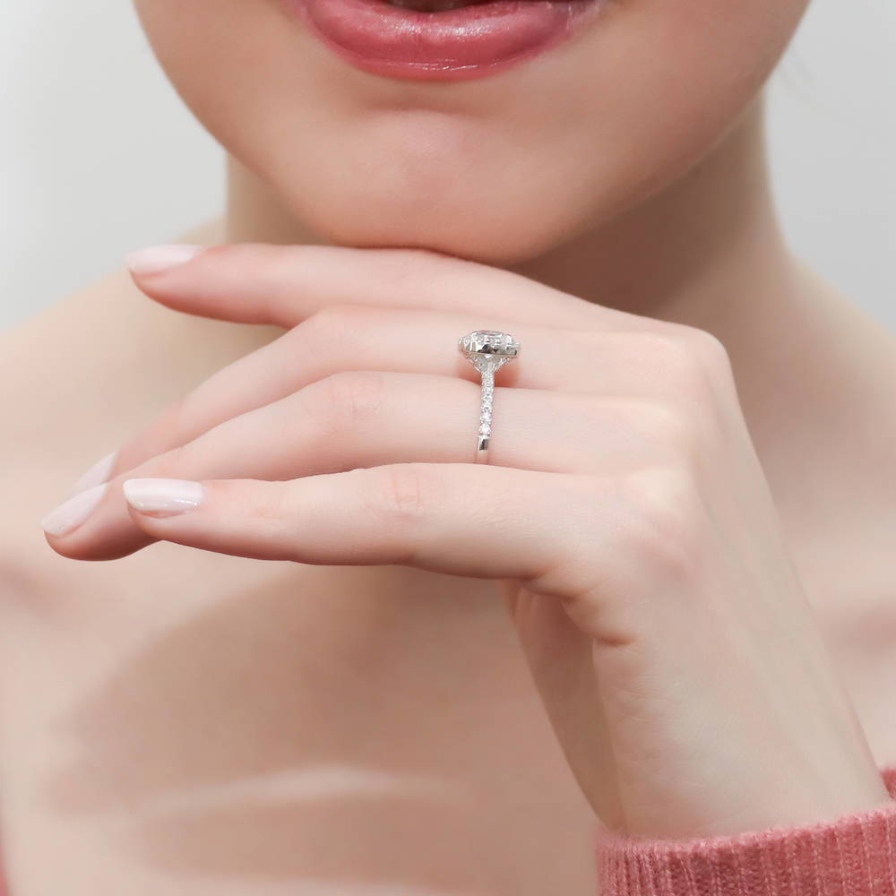 Model wearing Halo Cushion CZ Ring in Sterling Silver, 10 of 11