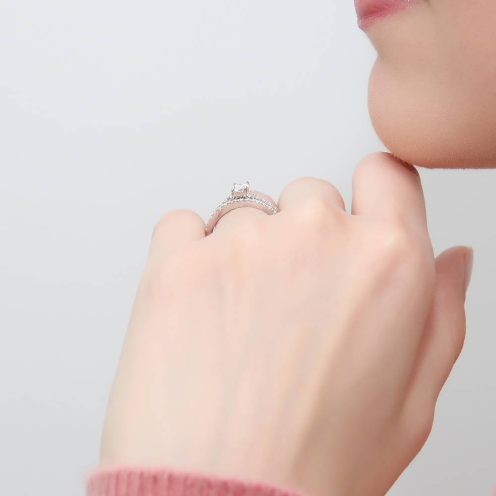 Model wearing Solitaire 0.4ct Oval CZ Ring Set in Sterling Silver, 3 of 14