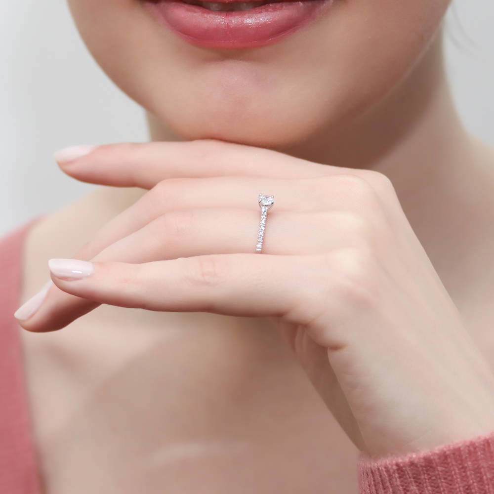 Model wearing Solitaire 0.35ct Round CZ Ring Set in Sterling Silver, 10 of 14