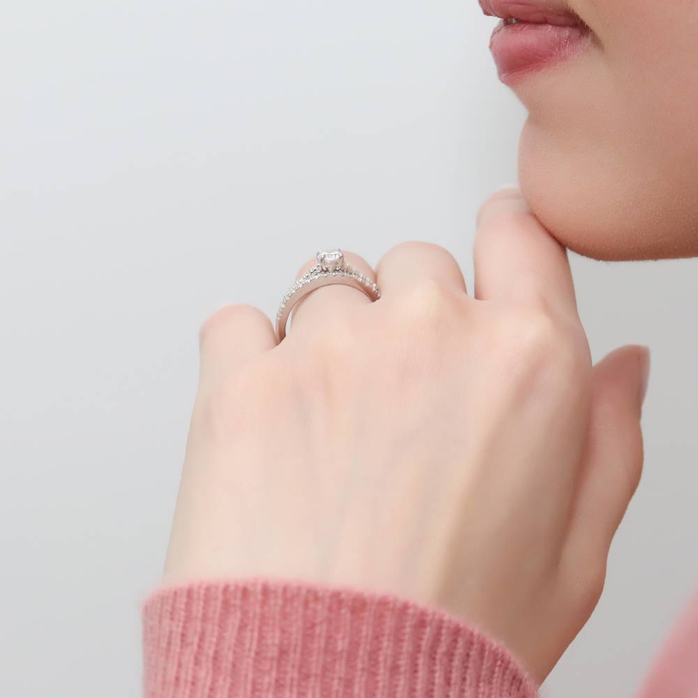 Model wearing Solitaire 0.35ct Round CZ Ring Set in Sterling Silver, 3 of 14