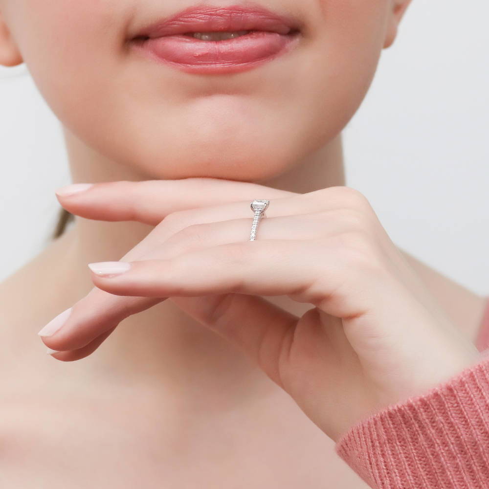 Model wearing Solitaire 0.4ct Princess CZ Ring in Sterling Silver