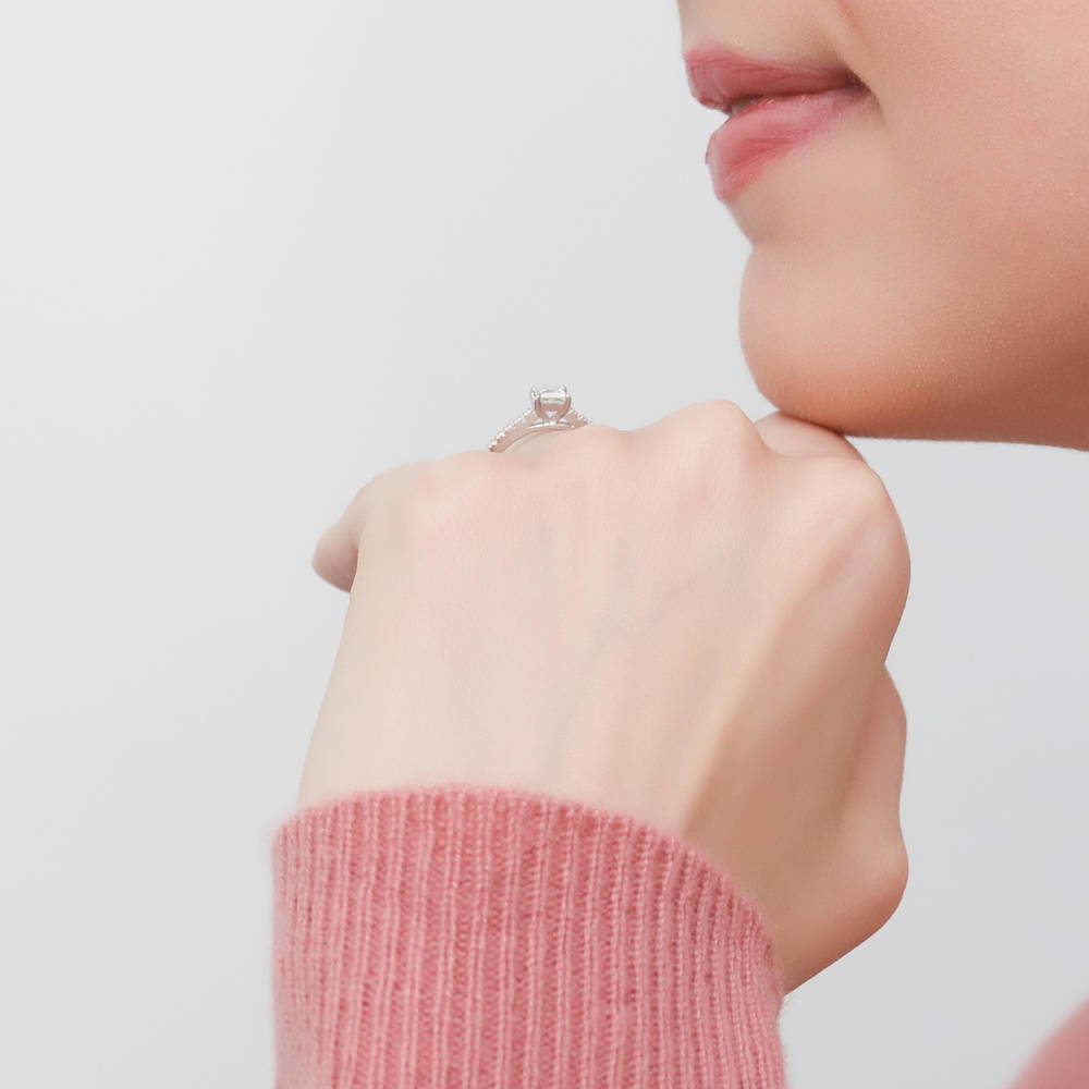 Model wearing Solitaire 0.4ct Princess CZ Ring in Sterling Silver