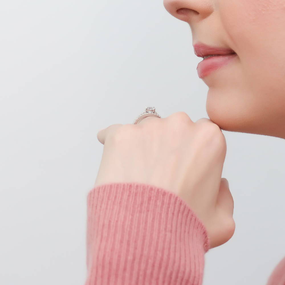 Model wearing Solitaire 0.4ct Oval CZ Ring Set in Sterling Silver