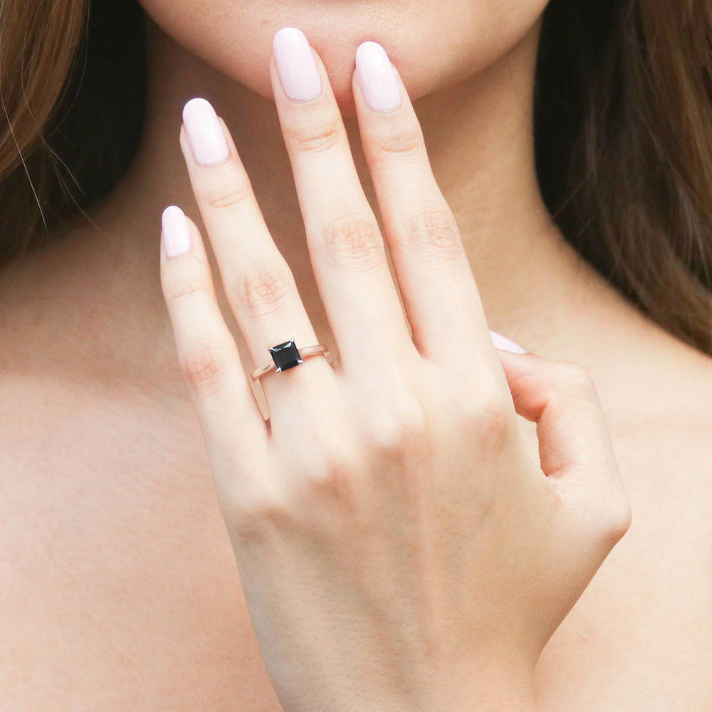 Model wearing Solitaire Black Princess CZ Ring in Sterling Silver 1.2ct