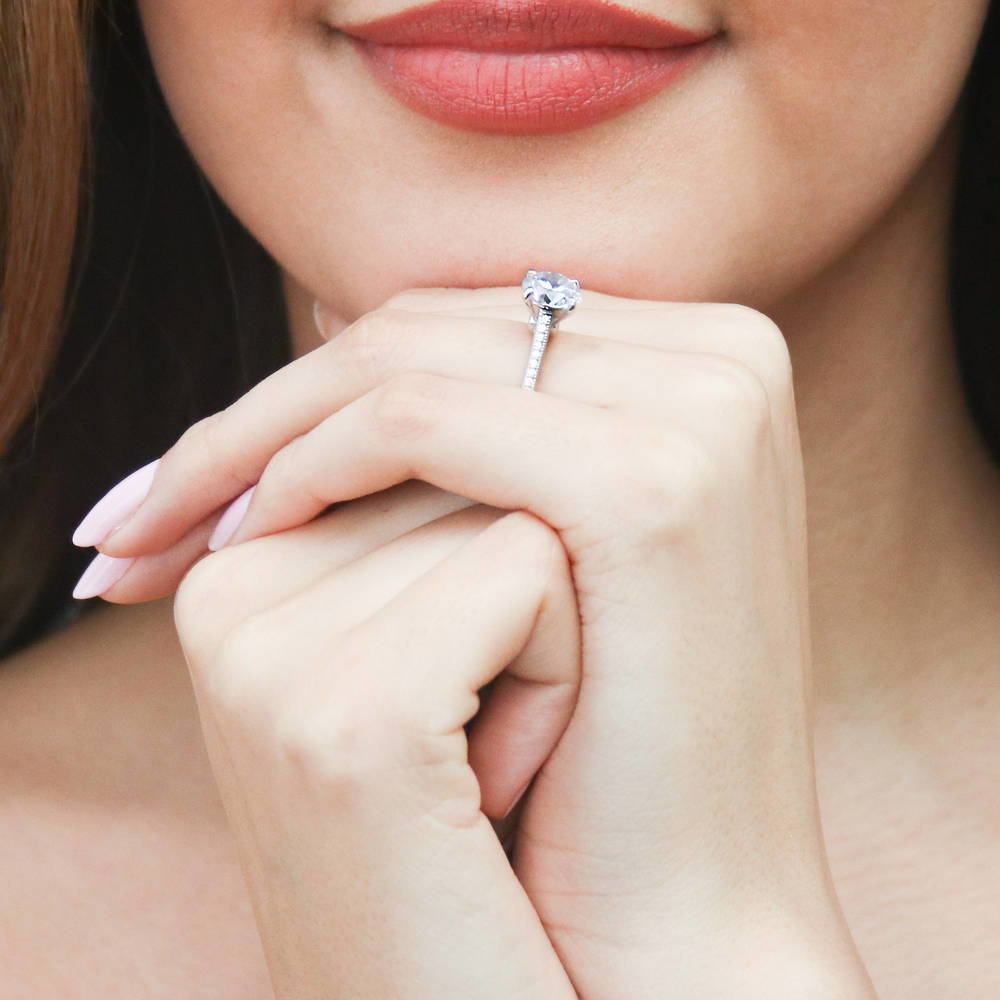 Model wearing Solitaire Milgrain 2ct Round CZ Ring in Sterling Silver, 6 of 8