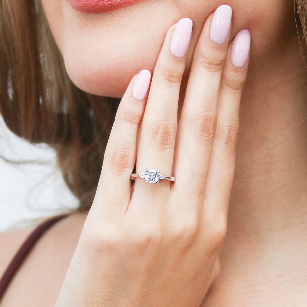 Model wearing 3-Stone Cushion CZ Ring in Sterling Silver, 2 of 11